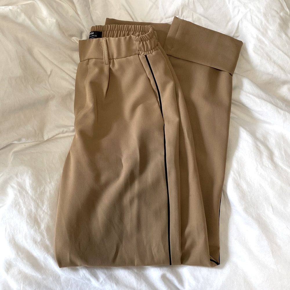 Bershka Tan Cuffed Pants with Black Piping Detail (XS)